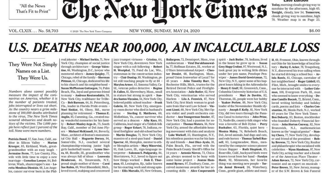 New York Times a umplut prima pagină a ziarului cu nume de persoane care au murit din cauza noului coronavirus