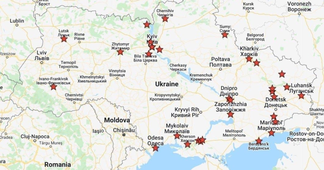 Harta locațiilor unde s-au raportat atacuri cu rachete rusești