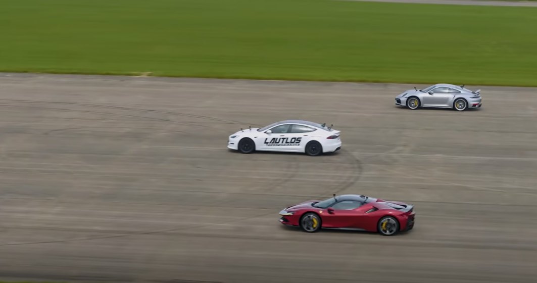 VIDEO | Tesla spulberă un Ferrari SF90 și Porsche 911 Turbo S într-o cursă