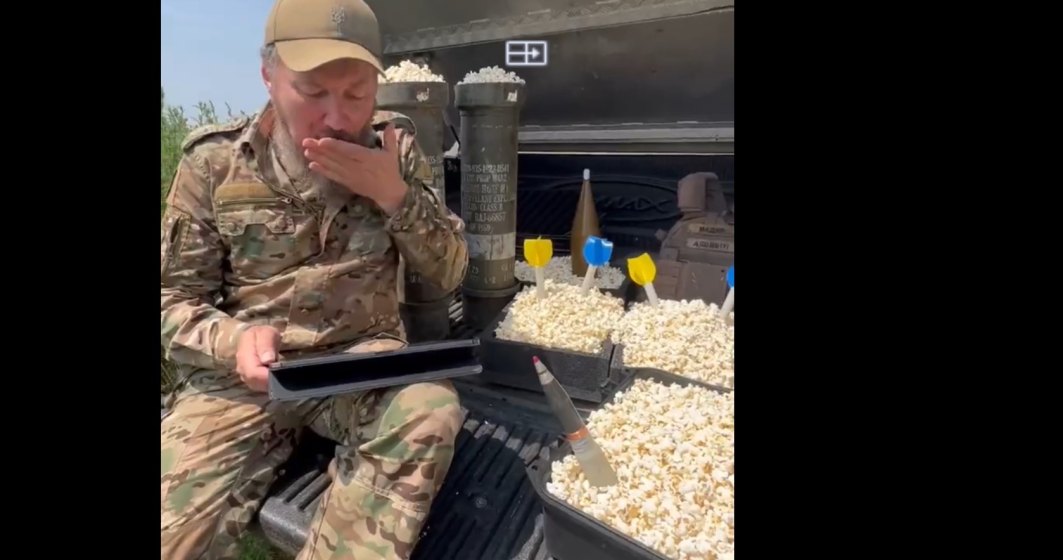 Imaginile zilei vin din Ucraina: soldat ucrainean, mânâncă popcorn uitându-se cum rușii se bat între ei