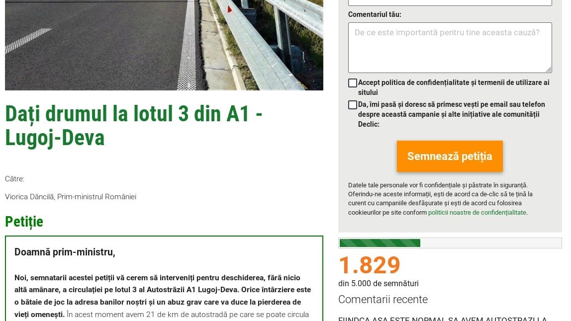 Petitie pentru deschiderea traficului pe lotul 3 din A1 - Lugoj-Deva: Viata oamenilor este mai importanta decat conflictele autoritatilor cu constructorii