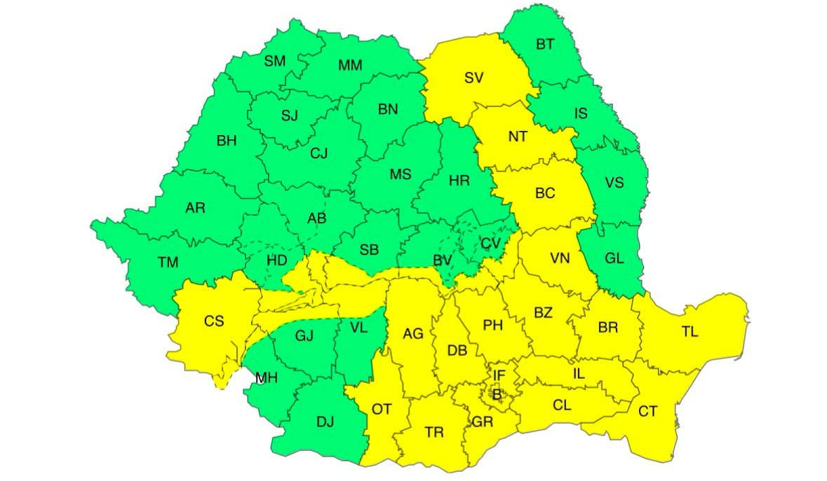 Cod galben de furtuni în România: ploi torențiale, grindină și rafale puternice de vânt
