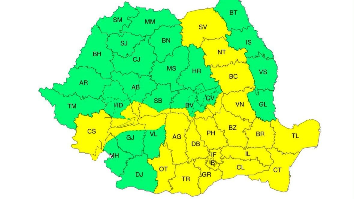 Cod galben de furtuni în România: ploi torențiale, grindină și rafale puternice de vânt