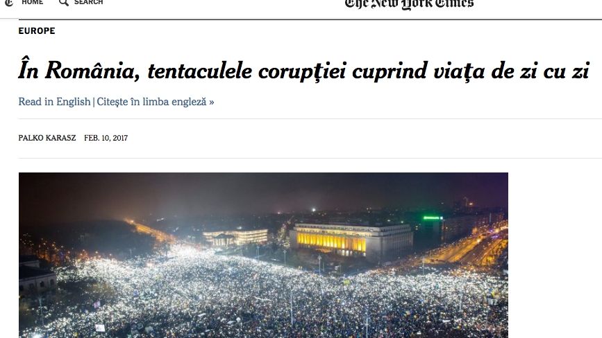New York Times a publicat un articol in limba romana: In Romania, tentaculele coruptiei cuprind viata de zi cu zi