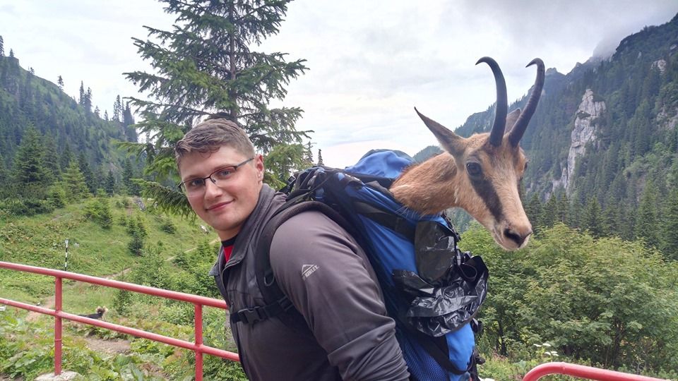 Poza zilei: o capra neagra cu piciorul rupt, dusa la medic in rucsac de catre salvamontisti