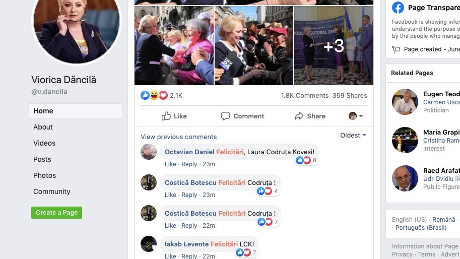 Festin de felicitari pe pagina lui Dancila