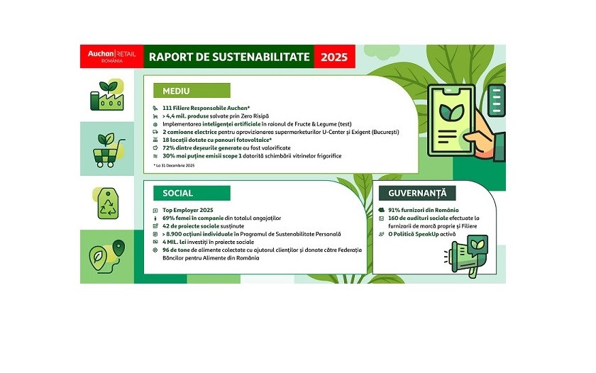 Auchan România publică Raportul de Sustenabilitate 2025: peste 100 de filiere, aproape 4,5 milioane de produse salvate de la risipă și investiții continue în eficiență energetică