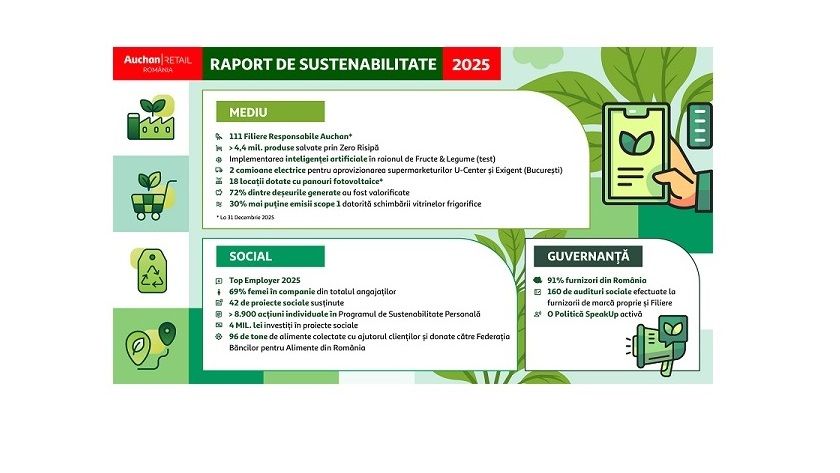 Auchan România publică Raportul de Sustenabilitate 2025: peste 100 de filiere, aproape 4,5 milioane de produse salvate de la risipă și investiții continue în eficiență energetică