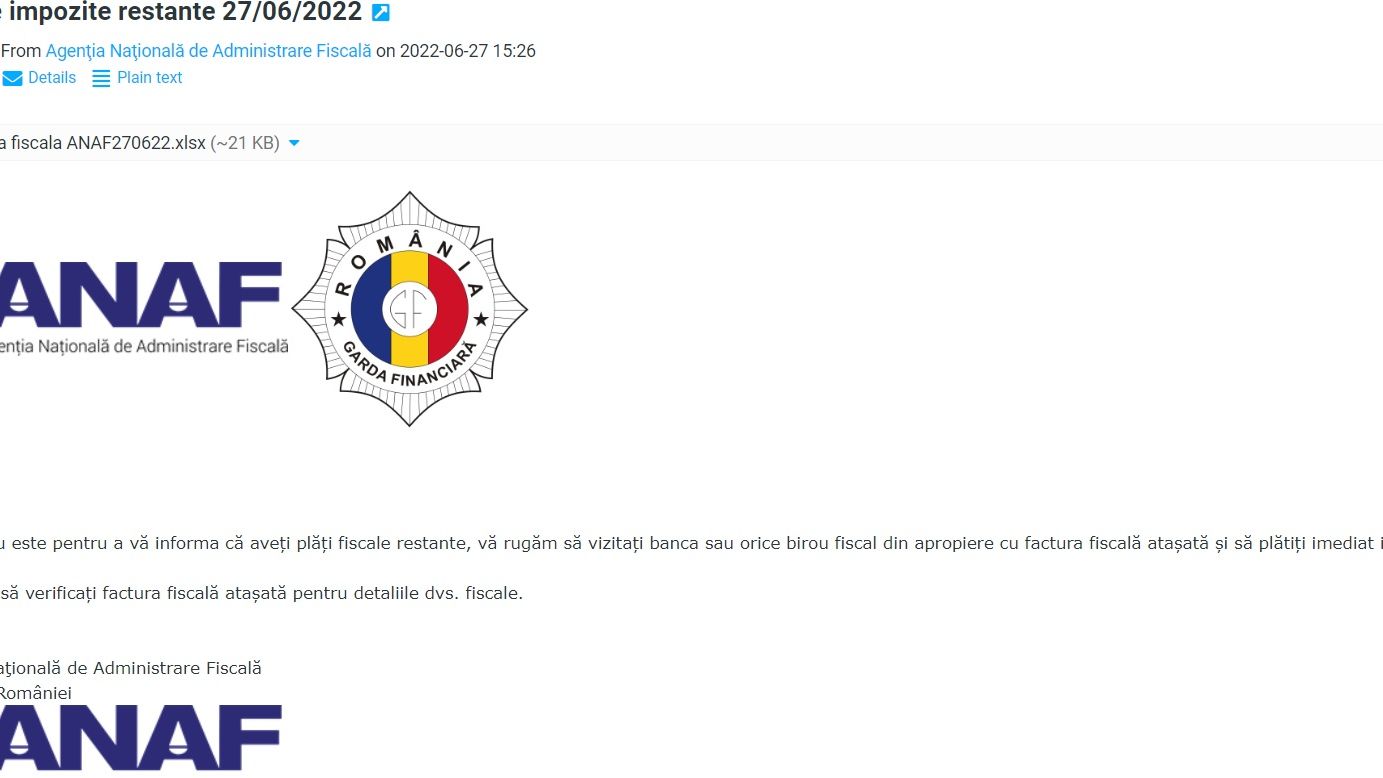 Mailuri false cu înștiințări de plăți restante, care par trimise de ANAF. Ce trebuie să facă cei care le primesc