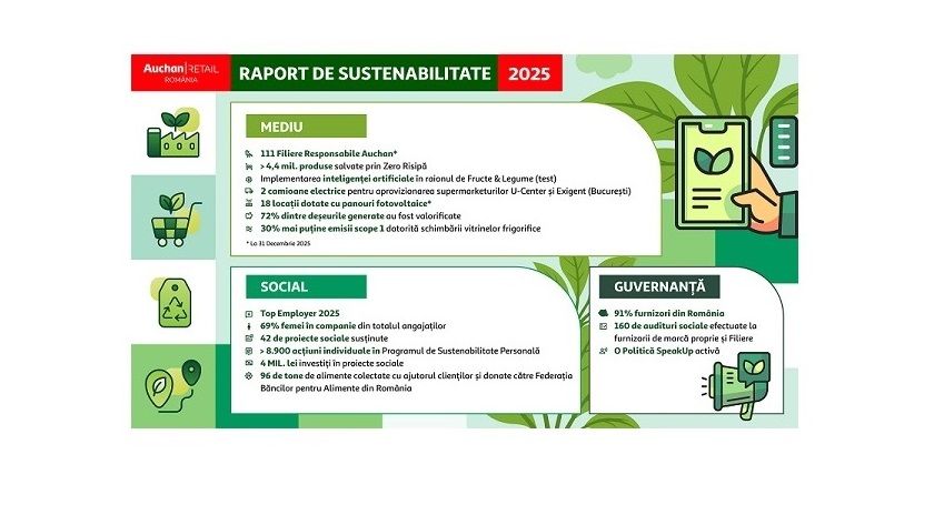 Auchan România publică Raportul de Sustenabilitate 2025: peste 100 de filiere, aproape 4,5 milioane de produse salvate de la risipă și investiții continue în eficiență energetică