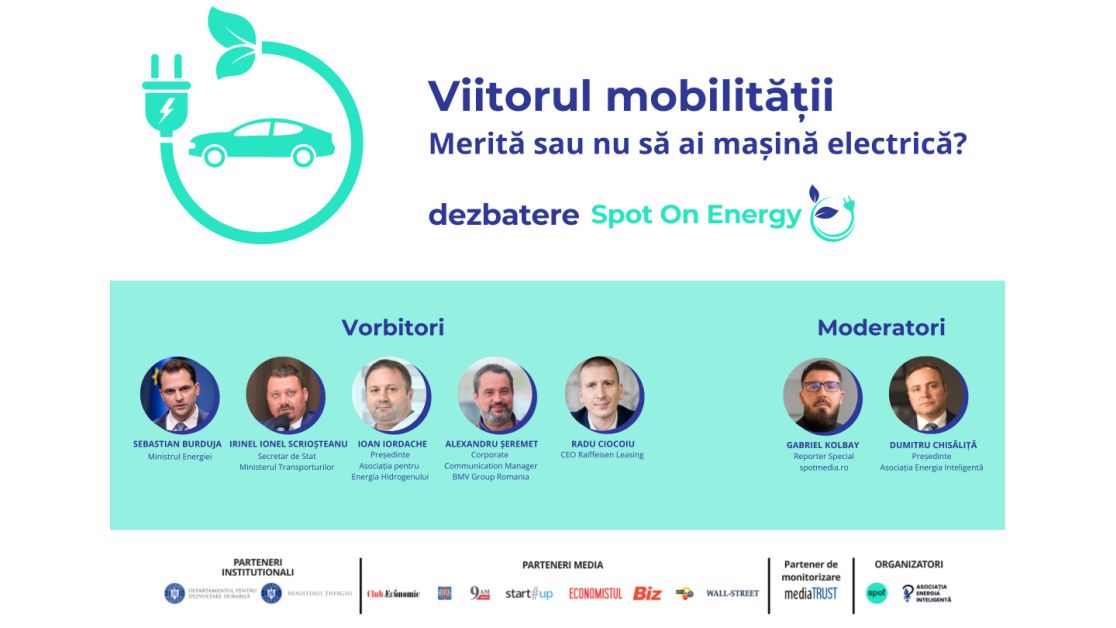 „Viitorul mobilității - Merită sau nu să ai mașină electrică?” este tema celei de-a treia dezbateri „Spot On Energy” ce are loc marți, 17 septembrie. Participă Ministrul Energiei, Sebastian Burduja, și alți experți din industrie.