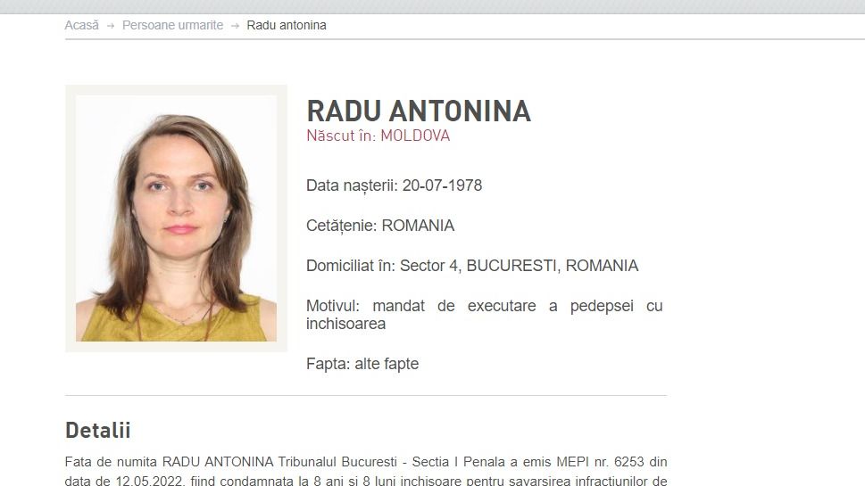 Antonina Radu, condamnată în cazul Colectiv, a fost prinsă în Republica Moldova