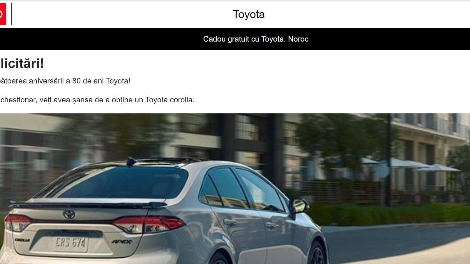 CERT-RO: Un nou atac de tip scam - concurs pentru a câștiga o mașină Toyota