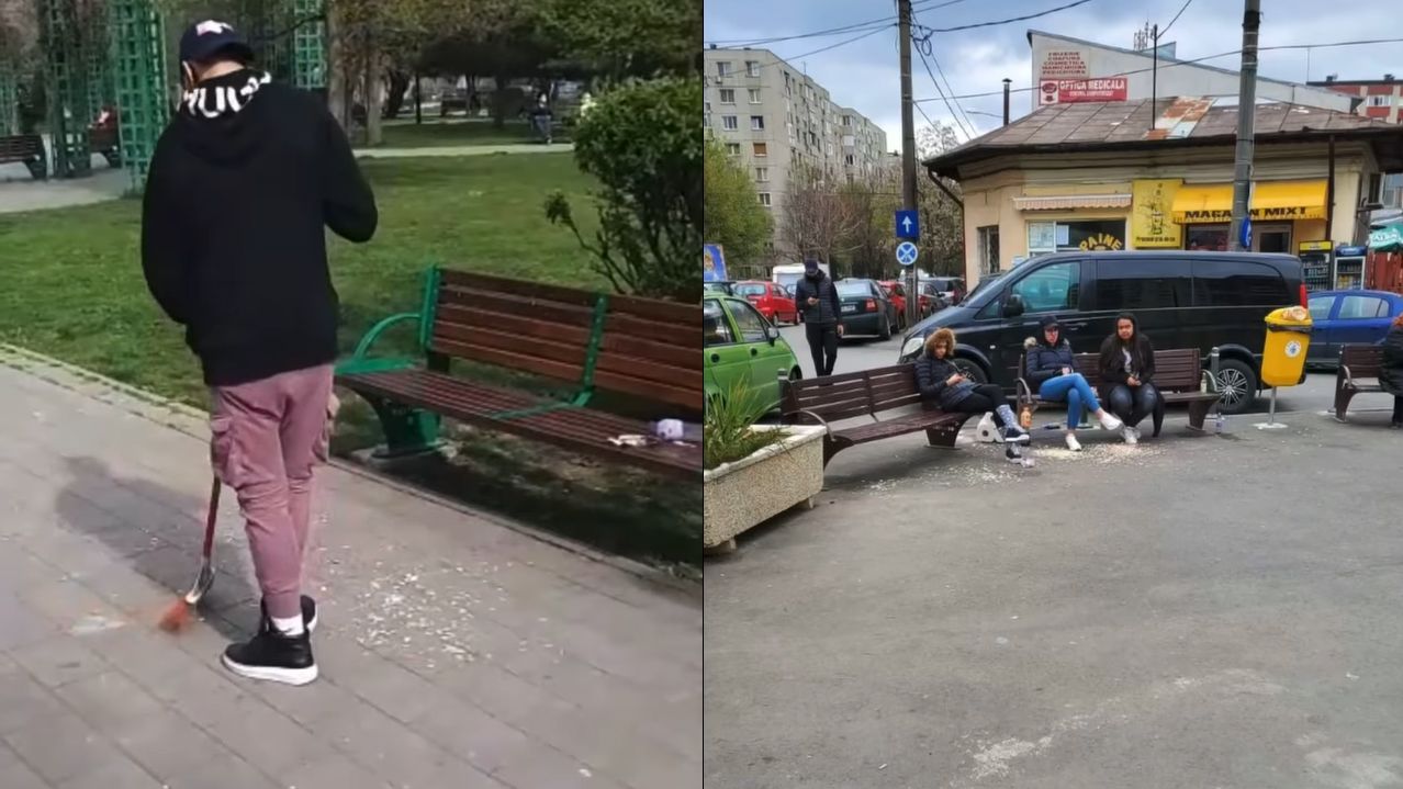 VIDEO - „Sămânțarii” din Sectorul 5, puși să măture cojile pentru a scăpa de amendă