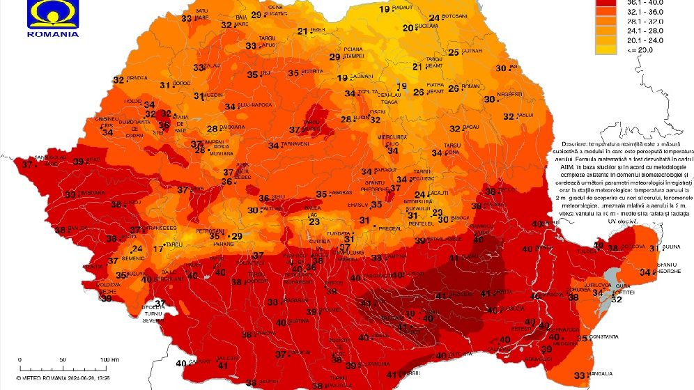 [HARTĂ] Bucureștiul, locul cel mai fierbinte din România. Temperaturile resimțite au sărit de 40 de grade