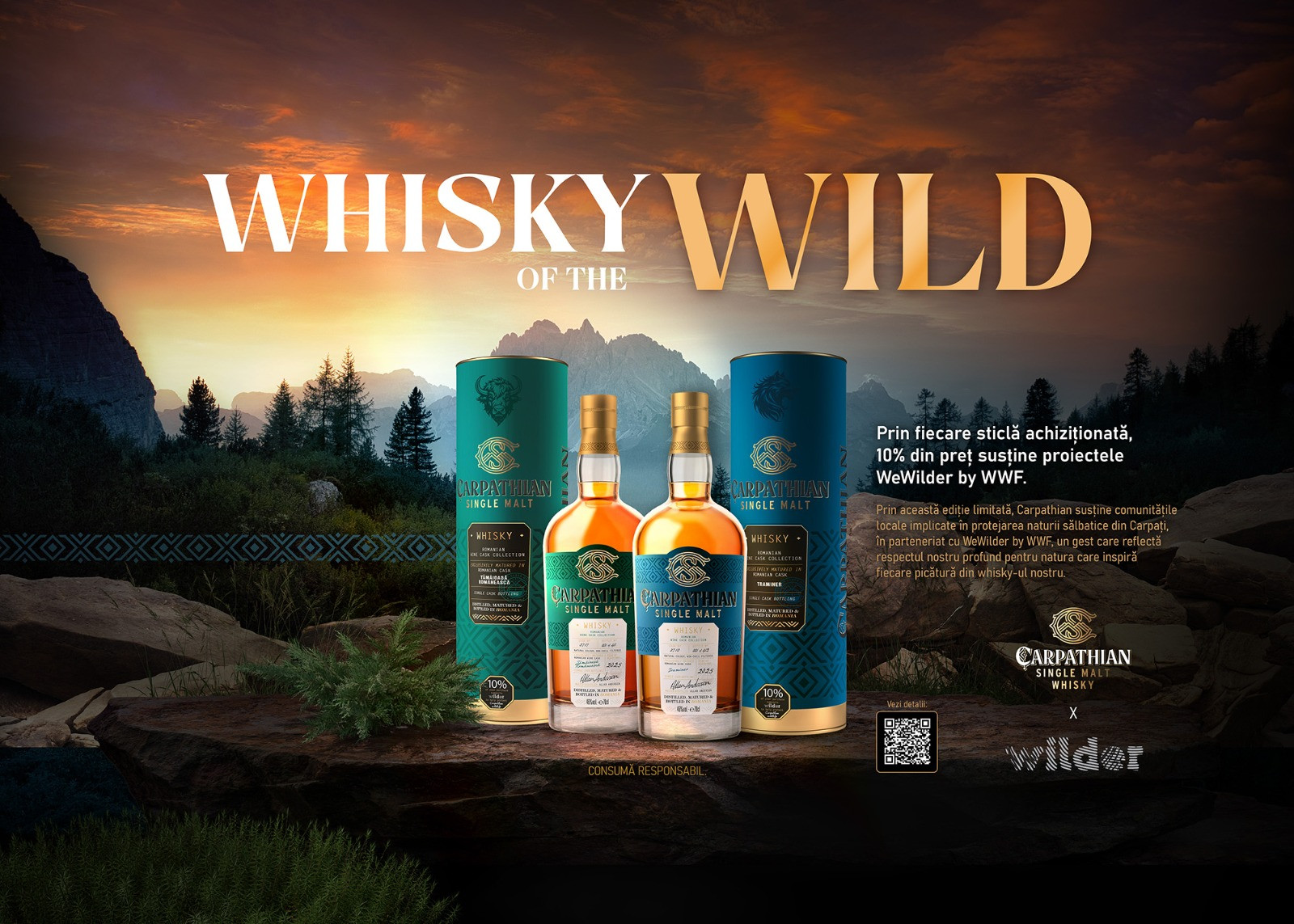 Alexandrion Group lansează două ediții limitate Carpathian Single Malt Whisky, premiere mondiale în industria whisky-ului, și anunță un parteneriat cu WeWilder pentru protejarea biodiversității din Munții Carpați