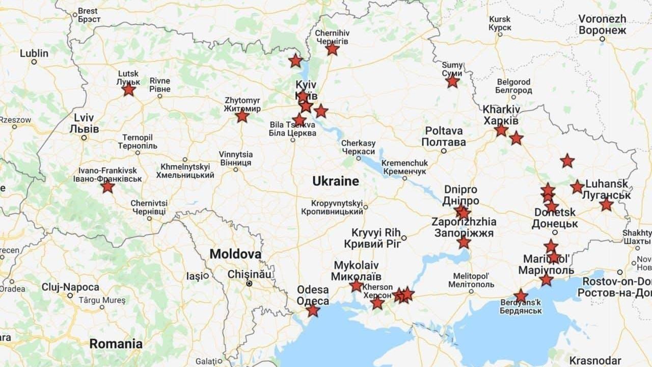 Harta locațiilor unde s-au raportat atacuri cu rachete rusești