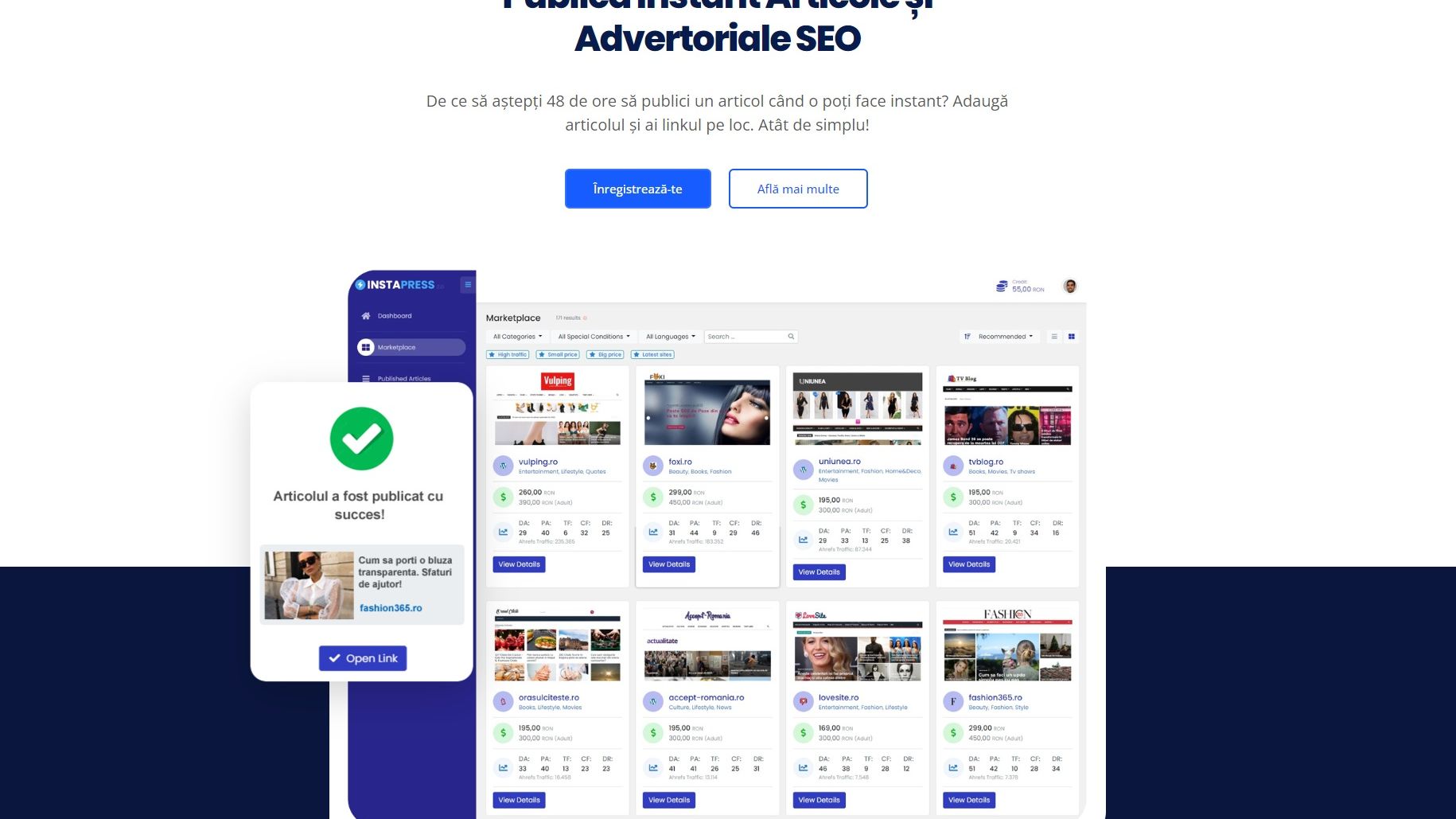 Advertoriale SEO publicate instant prin InstaPress - New Marketplace