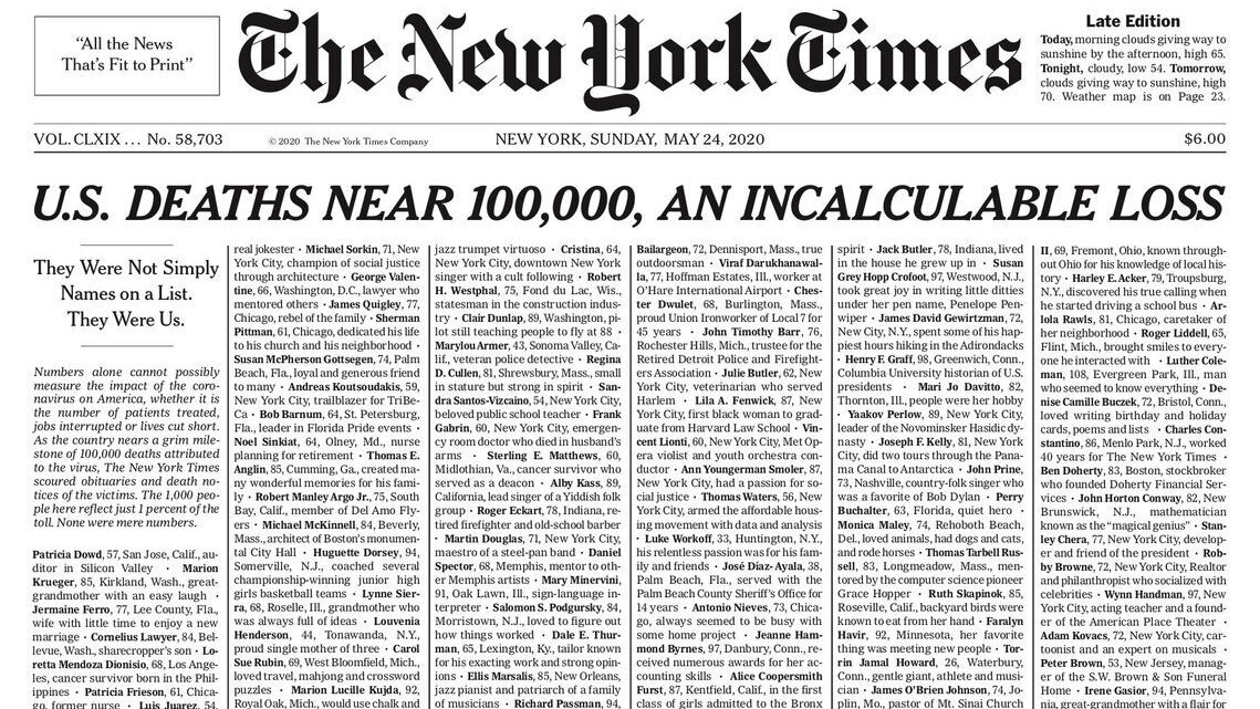 New York Times a umplut prima pagină a ziarului cu nume de persoane care au murit din cauza noului coronavirus