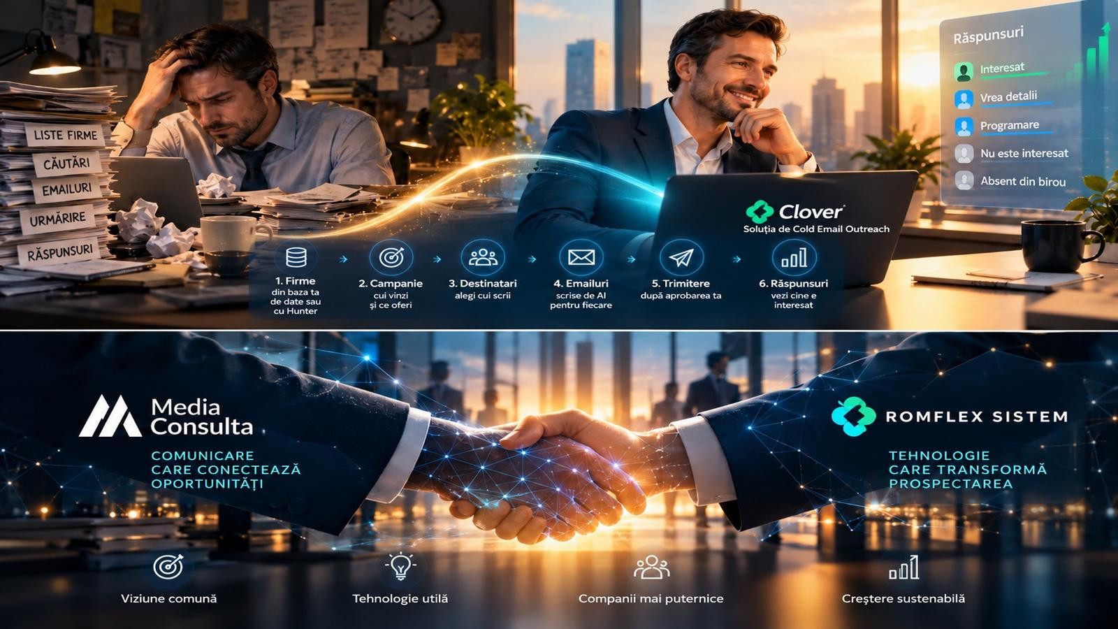 Clover - Aplicația de Cold Email Outreach - intră în cursa pentru clienți noi. Romflex Sistem și Media Consulta International pun inteligența artificială la treabă în vânzări